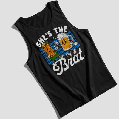 Kawaii cartoon design of a beer mug and sausage with text 'SHE'S THE BRAT' — printed on a tank top