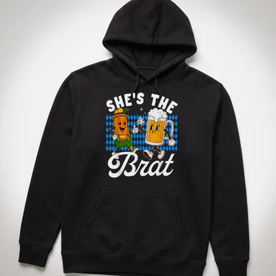 Kawaii cartoon design of a beer mug and sausage with text 'SHE'S THE BRAT' — printed on a unisex hoodie
