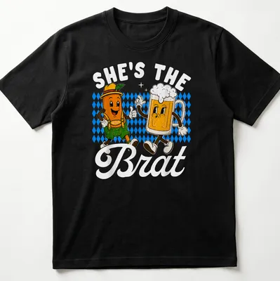 Kawaii cartoon design of a beer mug and sausage with text 'SHE'S THE BRAT'