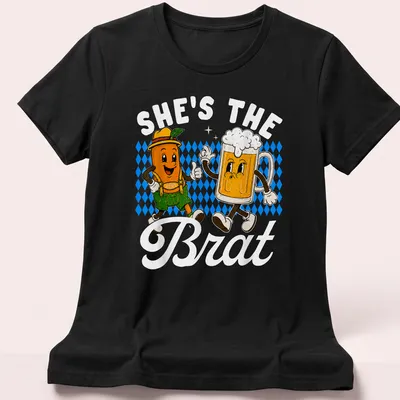 Kawaii cartoon design of a beer mug and sausage with text 'SHE'S THE BRAT' — printed on a women's shirt