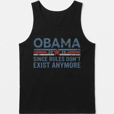 Vintage distressed t-shirt featuring Obama 2028 graphic in blue, red, white, and grey — printed on a tank top