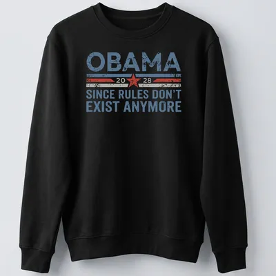 Vintage distressed t-shirt featuring Obama 2028 graphic in blue, red, white, and grey — printed on a unisex sweatshirt