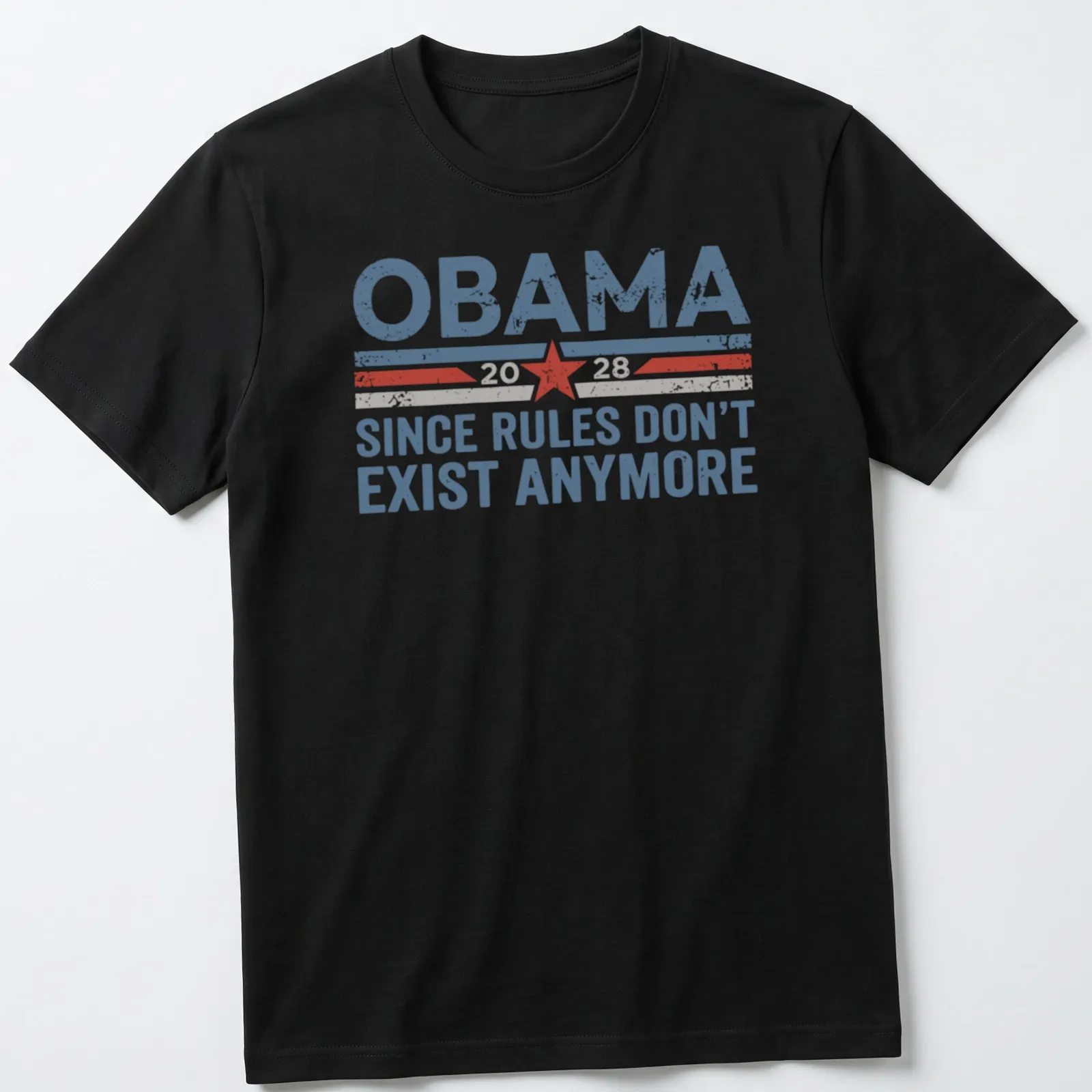 Vintage distressed t-shirt featuring Obama 2028 graphic in blue, red, white, and grey — printed on a unisex t-shirt