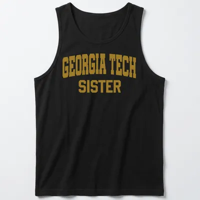 Georgia Tech Sister t-shirt featuring bold collegiate text in gold and white — printed on a tank top