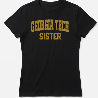 Georgia Tech Sister t-shirt featuring bold collegiate text in gold and white — printed on a women's shirt