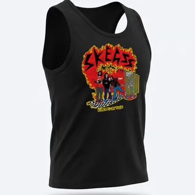 Colorful cartoon illustration of band members on SKEGSS tour — printed on a tank top