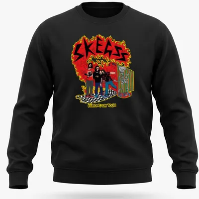 Colorful cartoon illustration of band members on SKEGSS tour — printed on a unisex sweatshirt