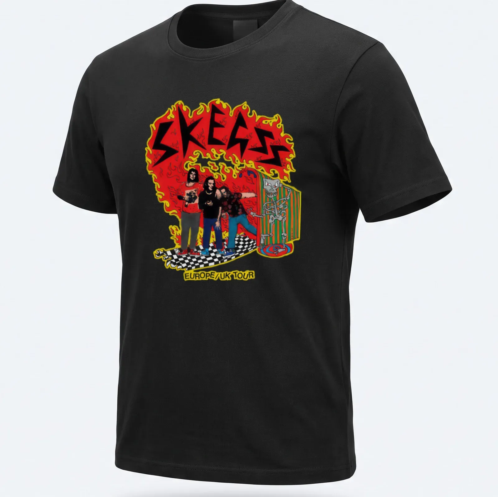 Colorful cartoon illustration of band members on SKEGSS tour — printed on a unisex t-shirt