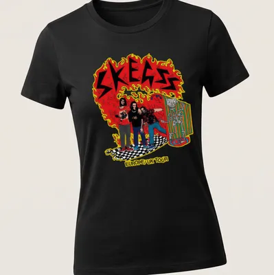 Colorful cartoon illustration of band members on SKEGSS tour — printed on a women's shirt