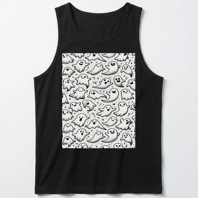 Seamless pattern featuring cheerful, whimsical ghosts in white, black, and gray — printed on a tank top