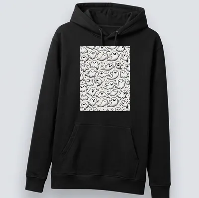 Seamless pattern featuring cheerful, whimsical ghosts in white, black, and gray — printed on a unisex hoodie