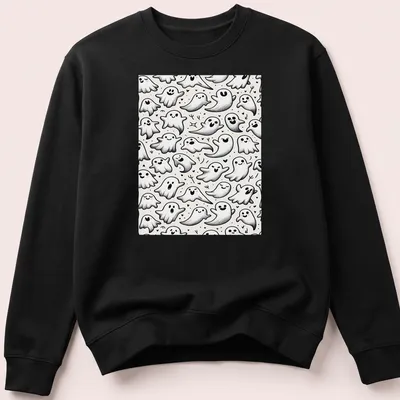 Seamless pattern featuring cheerful, whimsical ghosts in white, black, and gray — printed on a unisex sweatshirt