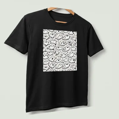 Seamless pattern featuring cheerful, whimsical ghosts in white, black, and gray — printed on a unisex t-shirt (angled view)