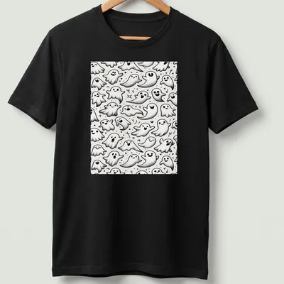 Seamless pattern featuring cheerful, whimsical ghosts in white, black, and gray