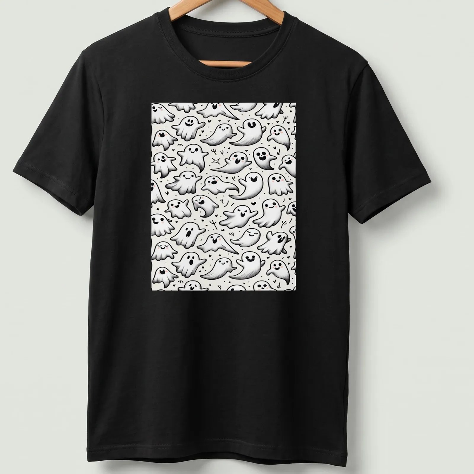 Seamless pattern featuring cheerful, whimsical ghosts in white, black, and gray — printed on a unisex t-shirt