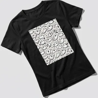 Seamless pattern featuring cheerful, whimsical ghosts in white, black, and gray — printed on a women's shirt