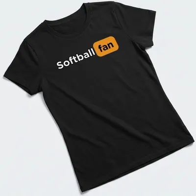 Bold graphic Softball Fan T-shirt in black, orange, and white colors. — printed on a women's shirt