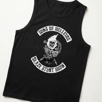 Flaming skull graphic with bold text for stunt show enthusiasts — printed on a tank top