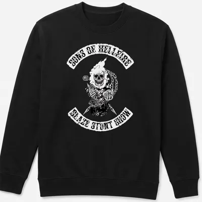 Flaming skull graphic with bold text for stunt show enthusiasts — printed on a unisex sweatshirt