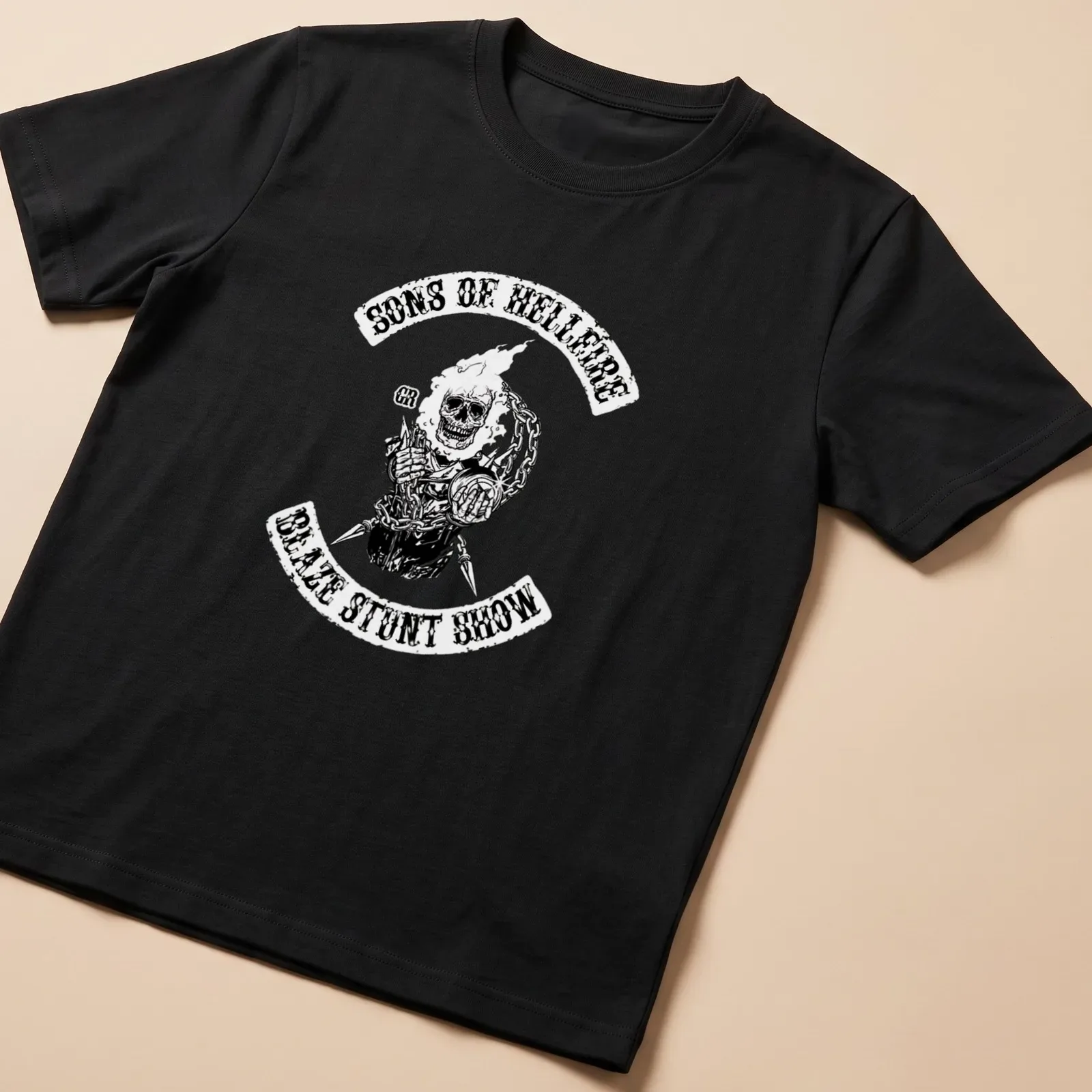 Flaming skull graphic with bold text for stunt show enthusiasts — printed on a unisex t-shirt
