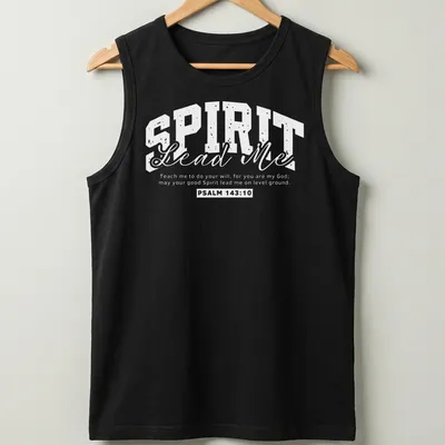 Modern typography t-shirt featuring the quote 'Spirit Lead Me' in black and white — printed on a tank top