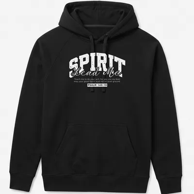 Modern typography t-shirt featuring the quote 'Spirit Lead Me' in black and white — printed on a unisex hoodie