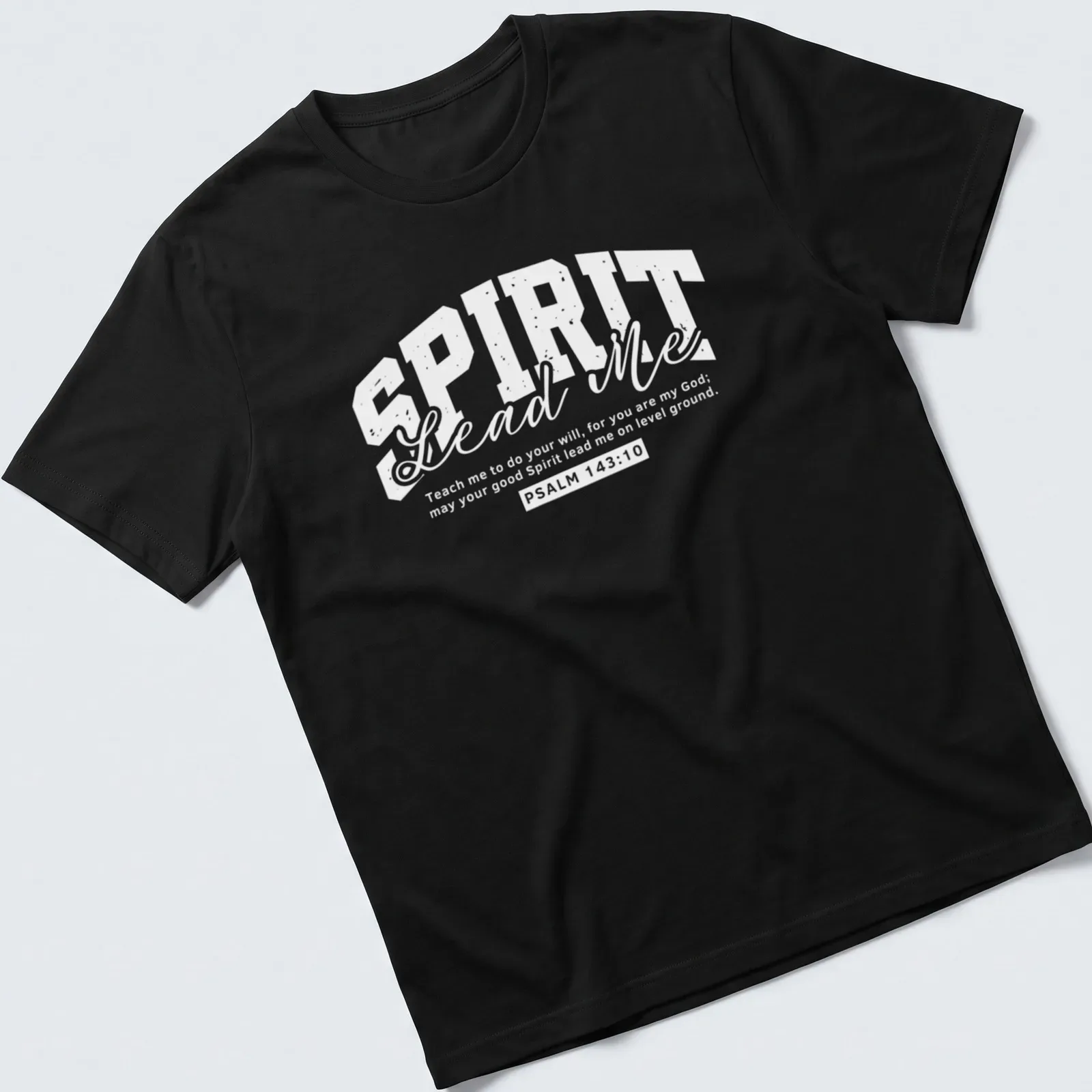 Modern typography t-shirt featuring the quote 'Spirit Lead Me' in black and white — printed on a unisex t-shirt