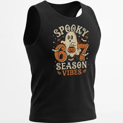 Vintage cartoon ghost with pumpkin and text reading Spooky 6 7 Season Vibes — printed on a tank top