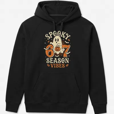 Vintage cartoon ghost with pumpkin and text reading Spooky 6 7 Season Vibes — printed on a unisex hoodie