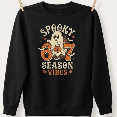 Vintage cartoon ghost with pumpkin and text reading Spooky 6 7 Season Vibes — printed on a unisex sweatshirt