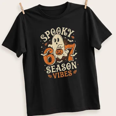 Vintage cartoon ghost with pumpkin and text reading Spooky 6 7 Season Vibes — printed on a unisex t-shirt