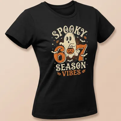 Vintage cartoon ghost with pumpkin and text reading Spooky 6 7 Season Vibes — printed on a women's shirt
