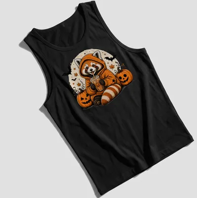 Vintage illustration of a red panda happily drinking pumpkin spice in warm colors — printed on a tank top