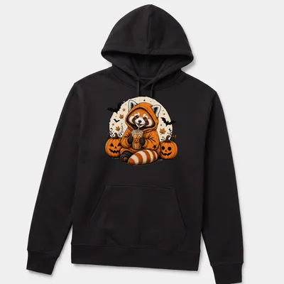 Vintage illustration of a red panda happily drinking pumpkin spice in warm colors — printed on a unisex hoodie