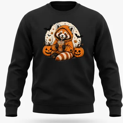 Vintage illustration of a red panda happily drinking pumpkin spice in warm colors — printed on a unisex sweatshirt