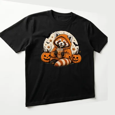 Vintage illustration of a red panda happily drinking pumpkin spice in warm colors — printed on a unisex t-shirt (angled view)