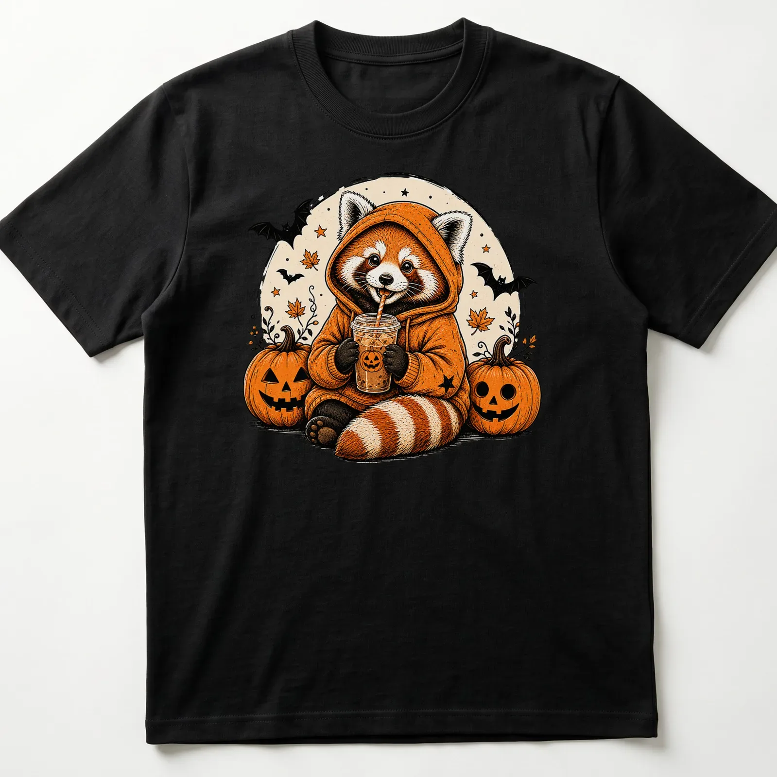 Vintage illustration of a red panda happily drinking pumpkin spice in warm colors — printed on a unisex t-shirt