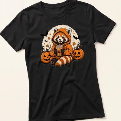 Vintage illustration of a red panda happily drinking pumpkin spice in warm colors — printed on a women's shirt