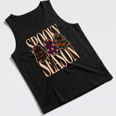 Vintage Halloween shirt with playful ghosts and spooky season text — printed on a tank top
