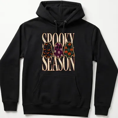 Vintage Halloween shirt with playful ghosts and spooky season text — printed on a unisex hoodie