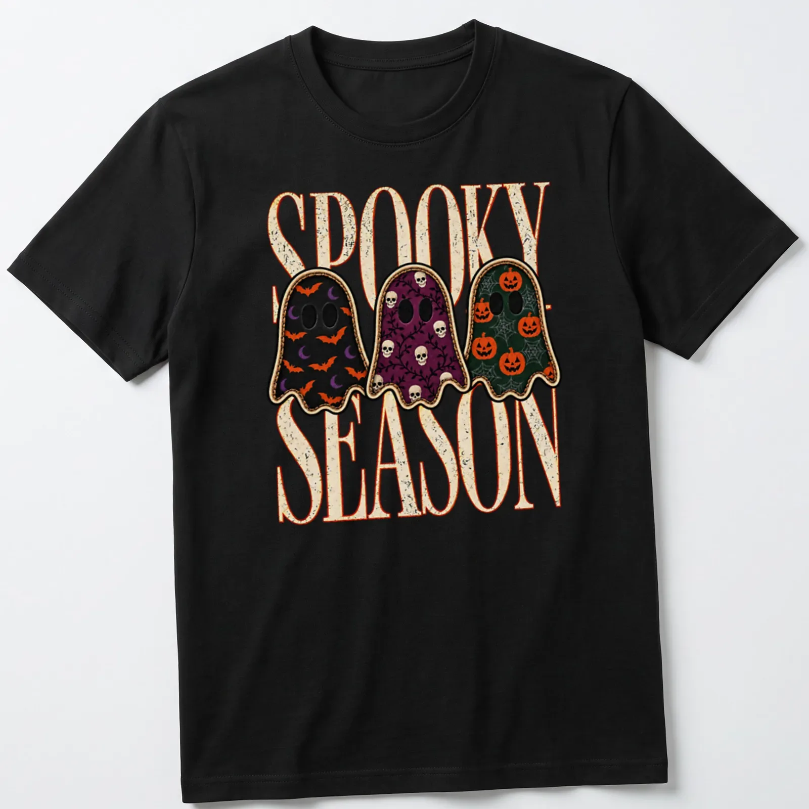 Vintage Halloween shirt with playful ghosts and spooky season text — printed on a unisex t-shirt
