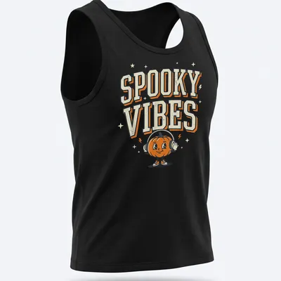 Cartoon pumpkin wearing headphones with Spooky Vibes text above — printed on a tank top
