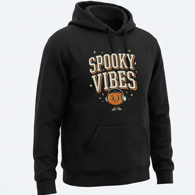 Cartoon pumpkin wearing headphones with Spooky Vibes text above — printed on a unisex hoodie