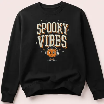 Cartoon pumpkin wearing headphones with Spooky Vibes text above — printed on a unisex sweatshirt