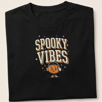 Cartoon pumpkin wearing headphones with Spooky Vibes text above — printed on a unisex t-shirt