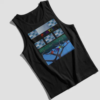 Colorful tree graphic with the word 'SPORTS!' in bold text — printed on a tank top