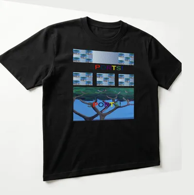Colorful tree graphic with the word 'SPORTS!' in bold text — printed on a unisex t-shirt (angled view)