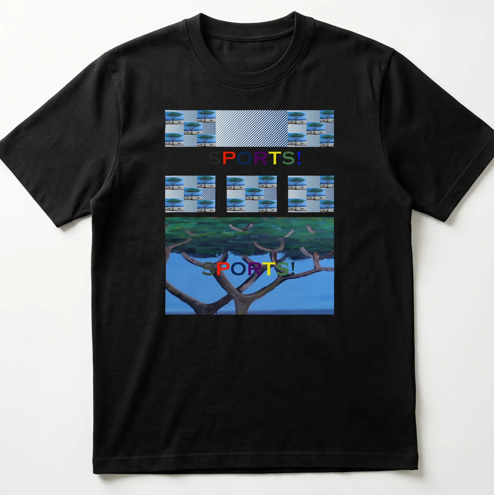 Colorful tree graphic with the word 'SPORTS!' in bold text — printed on a unisex t-shirt