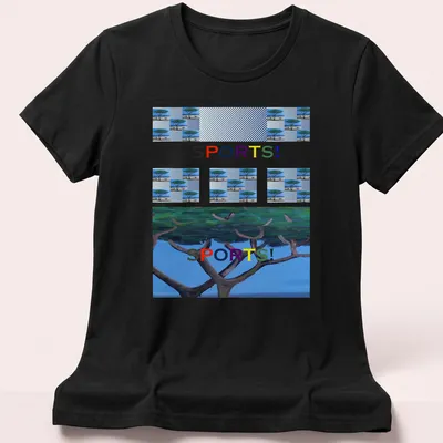 Colorful tree graphic with the word 'SPORTS!' in bold text — printed on a women's shirt