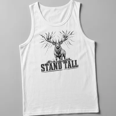 Vintage stag design with the text 'STAND TALL' in black and white — printed on a tank top